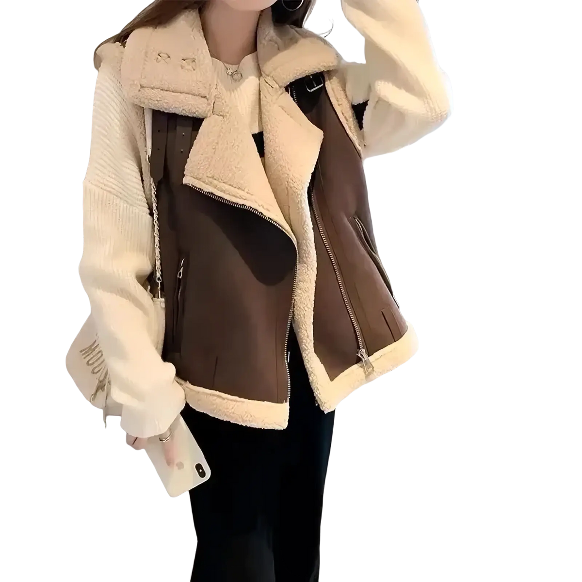 Cream-colored shearling-lined brown moto vest with ribbed knit sleeves and front zipper for warm winter outerwear