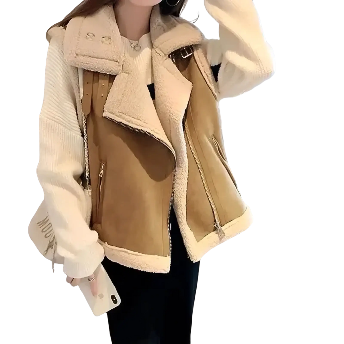 Cream-colored sherpa fleece vest with tan suede front and ribbed knit sleeves for warm winter outerwear