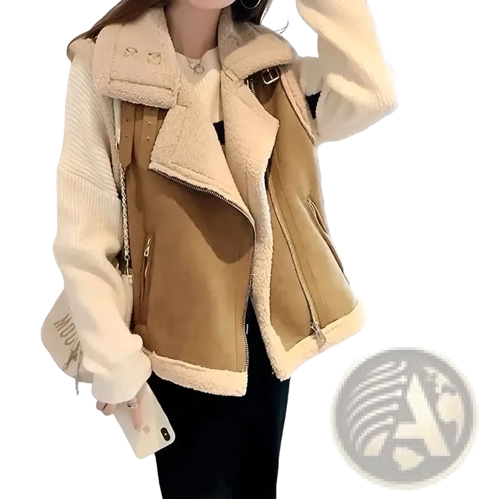 Cream-colored sherpa fleece vest with tan suede front and ribbed knit sleeves for warm winter outerwear