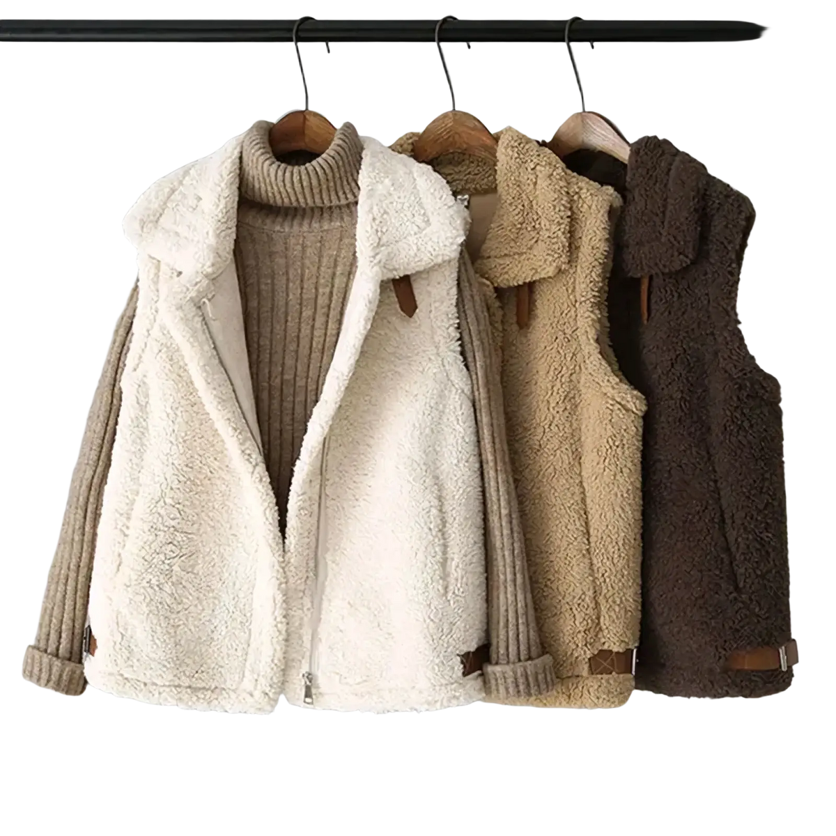 Three cozy sherpa fleece vests in cream beige and brown hang on wooden hangers warm winter outerwear