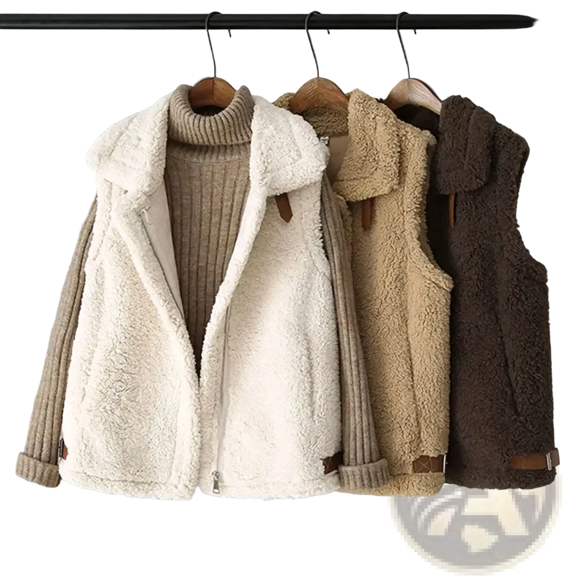 Three cozy sherpa fleece vests in cream beige and brown hang on wooden hangers warm winter outerwear