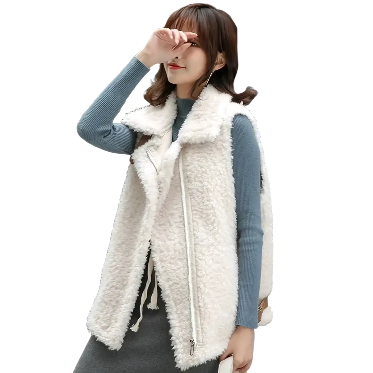 White sherpa fleece vest with front zipper and drawstring hem designed for warm winter outerwear
