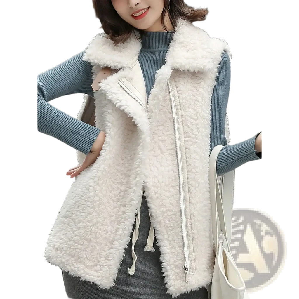White sherpa fleece vest featuring faux fur, front zipper, and matching drawstrings for warm winter outerwear