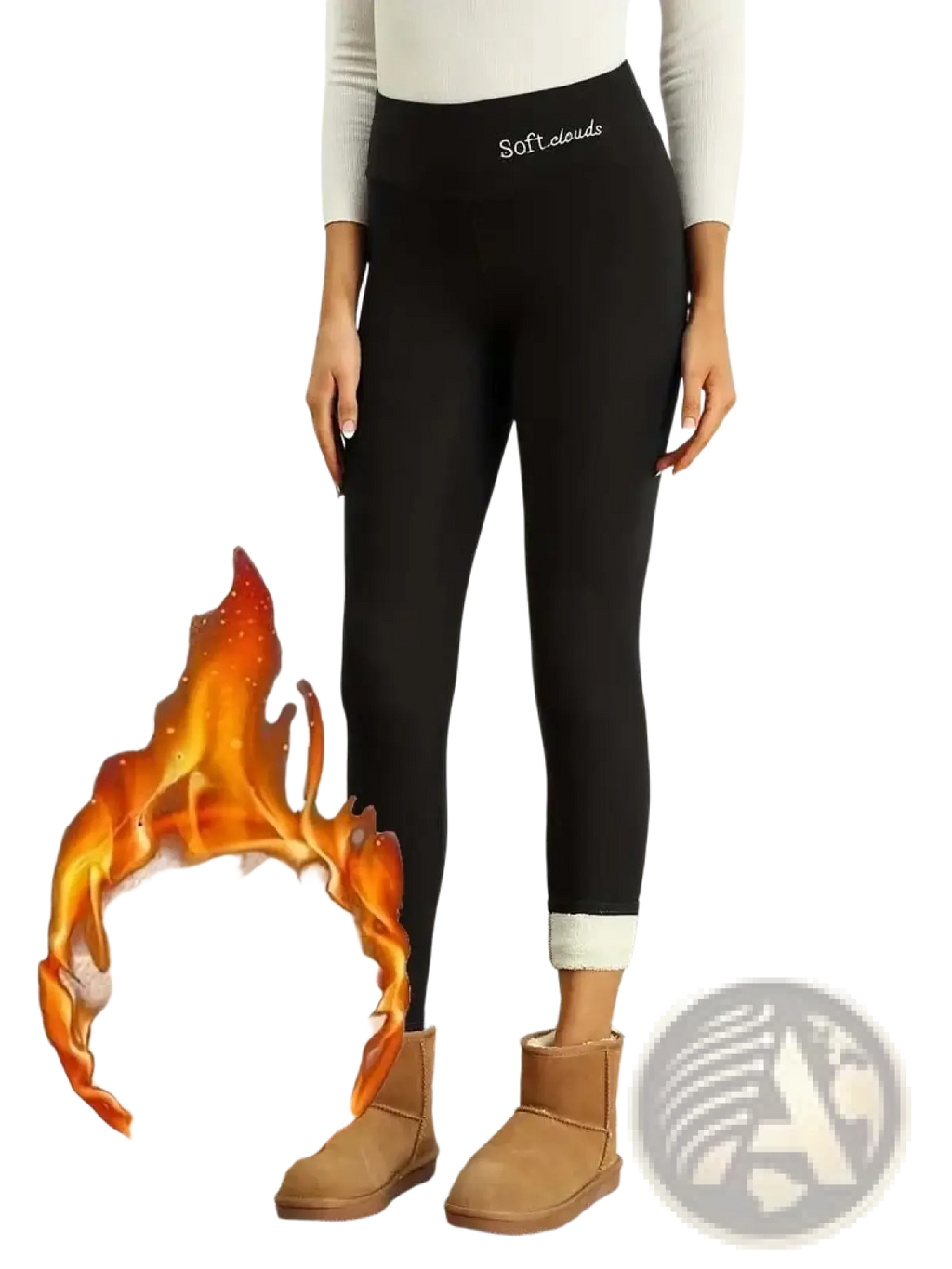 Black sherpa lined fleece thermal winter leggings with soft interior and white ribbed cuffs for cold weather
