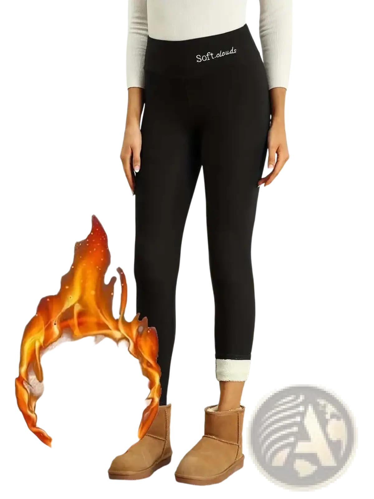 Black sherpa lined fleece thermal winter leggings with soft interior and white ribbed cuffs for cold weather