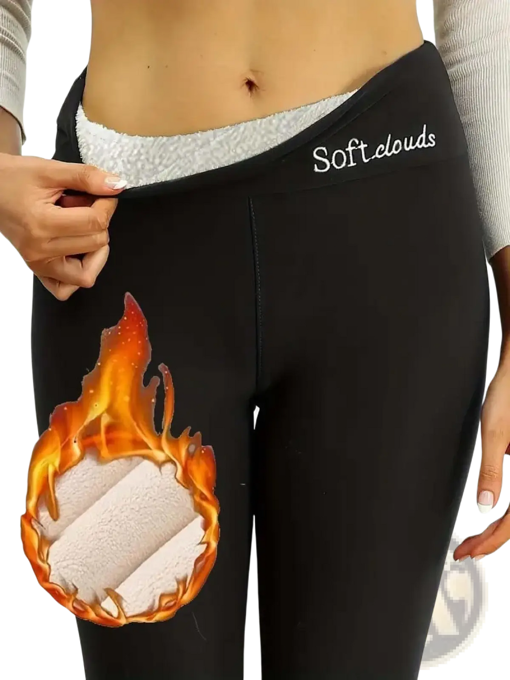 Black softclouds sherpa lined fleece thermal winter leggings with plush white fleece lining and flame warmth graphic