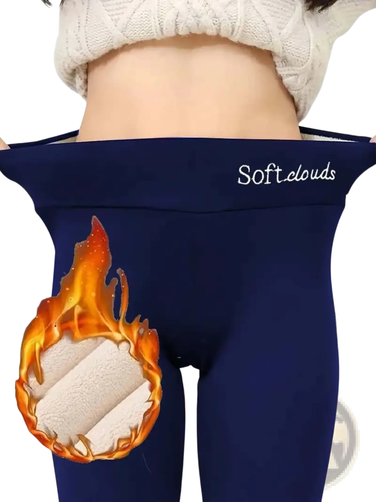 Navy blue sherpa lined fleece thermal winter leggings with plush flame inner lining and soft clouds embroidered waistband