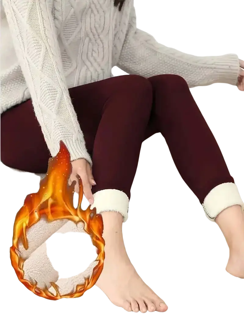 Maroon sherpa lined fleece thermal winter leggings with white faux fur cuffs for cold weather comfort