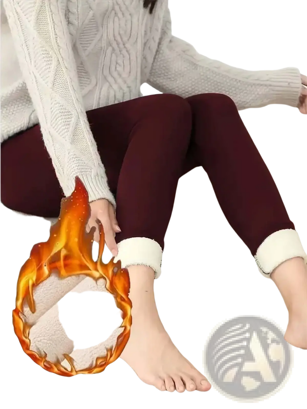 Maroon sherpa lined fleece thermal winter leggings with white faux fur cuffs for cold weather comfort