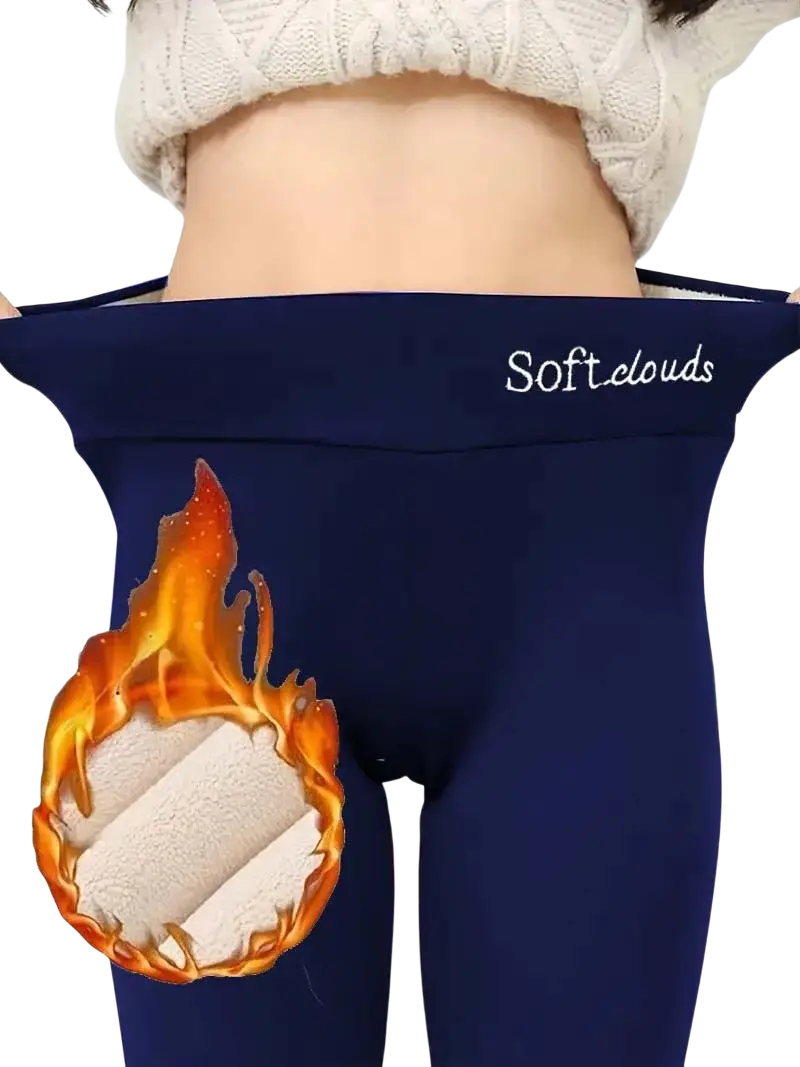 Navy blue sherpa lined fleece thermal winter leggings with plush flame inner lining and soft clouds embroidered waistband