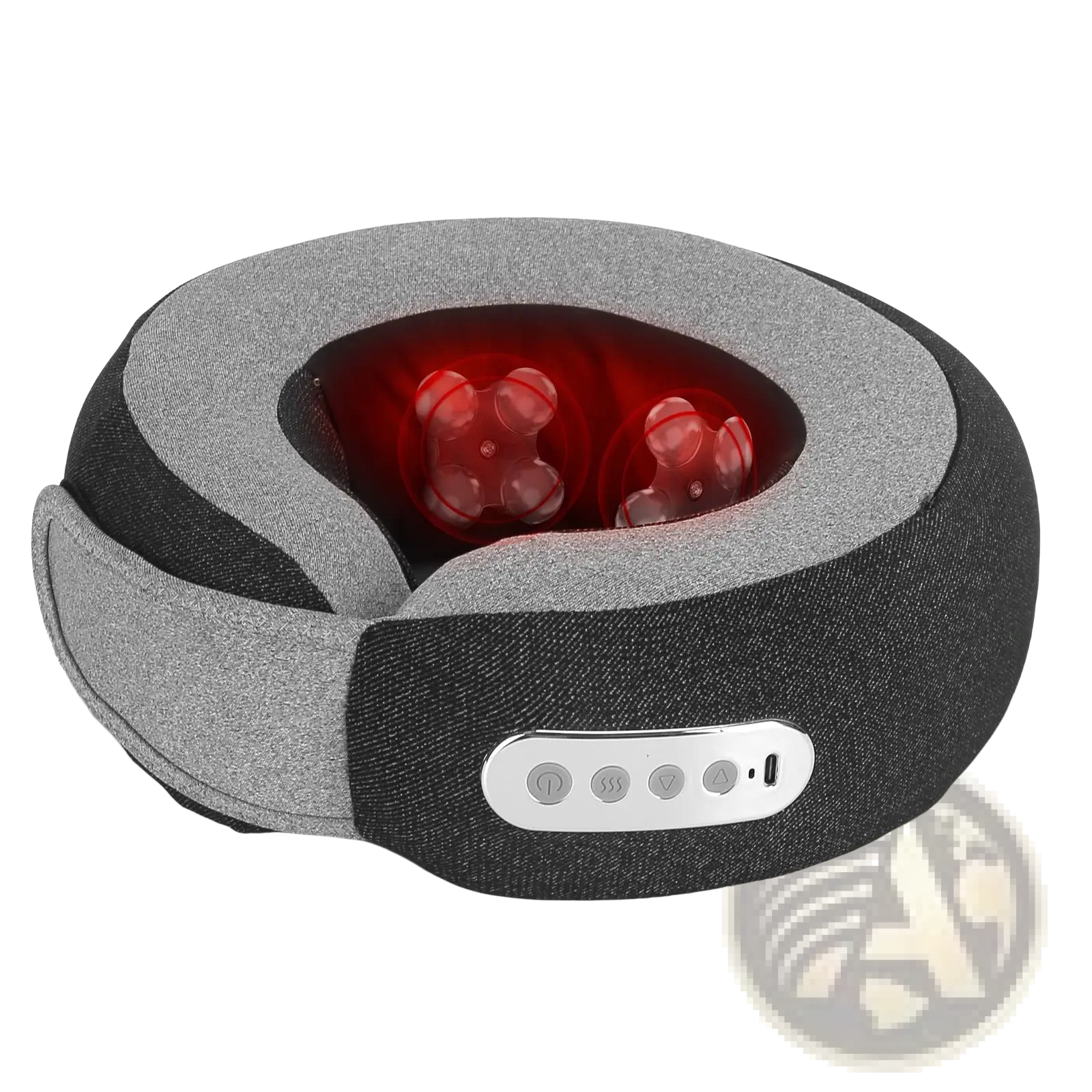 Shiatsu neck massager pillow with heat and memory foam featuring gray and black fabric and red glowing massage balls inside