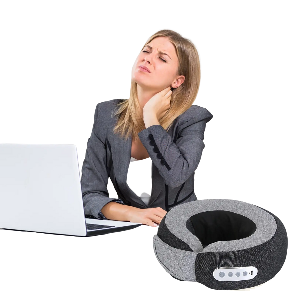 Gray and black fabric shiatsu neck massager pillow with heat memory foam and control buttons for therapeutic use