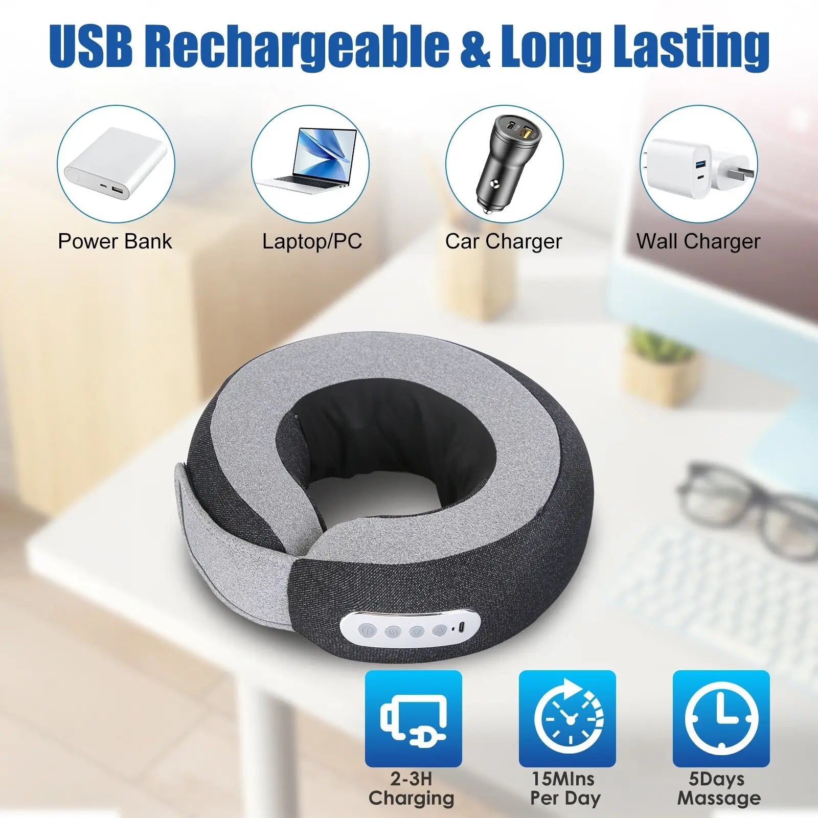 Gray and black usb rechargeable shiatsu neck massager pillow with heat memory foam and soft fabric exterior