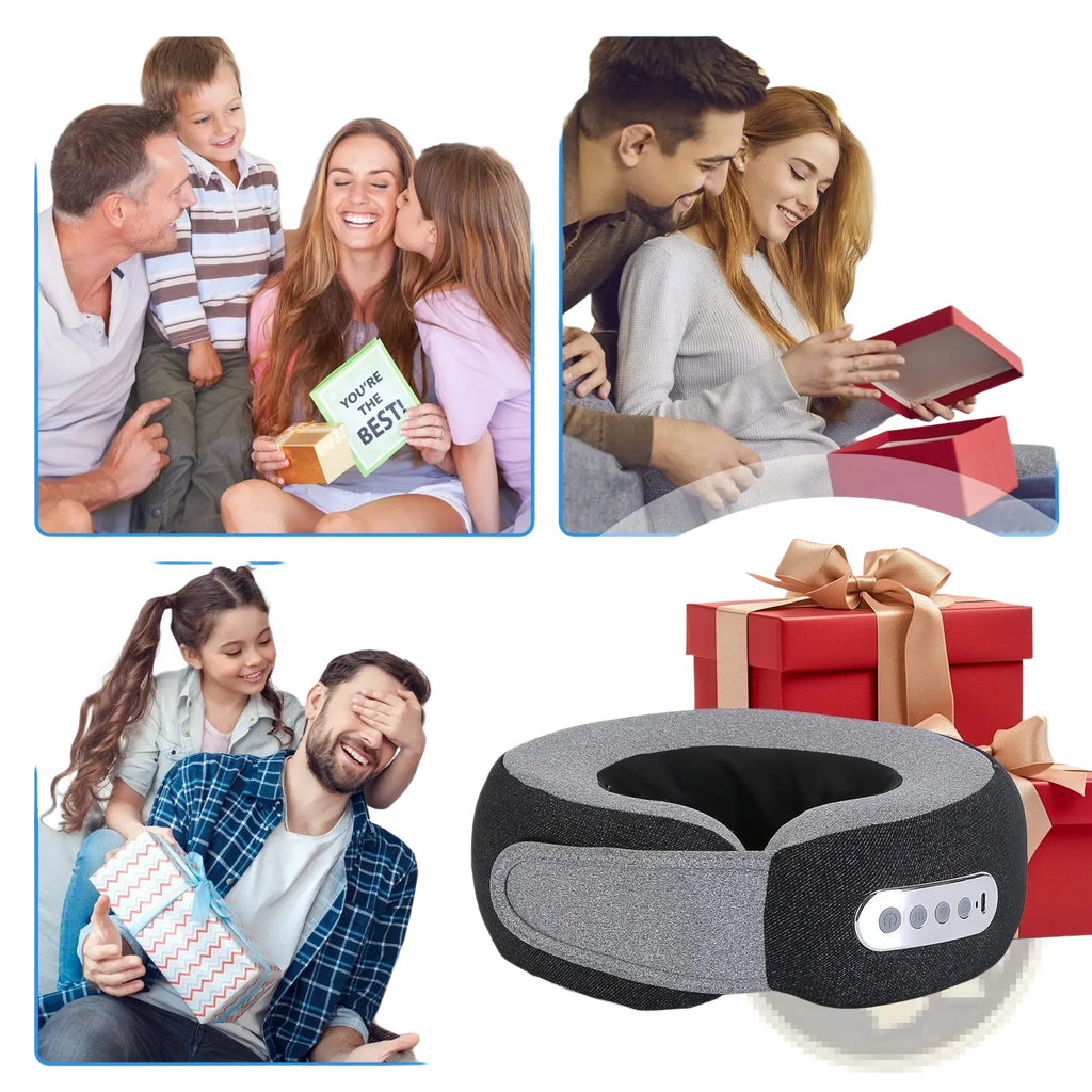 Gray and black fabric shiatsu neck massager pillow with heat memory foam and a sleek contoured design