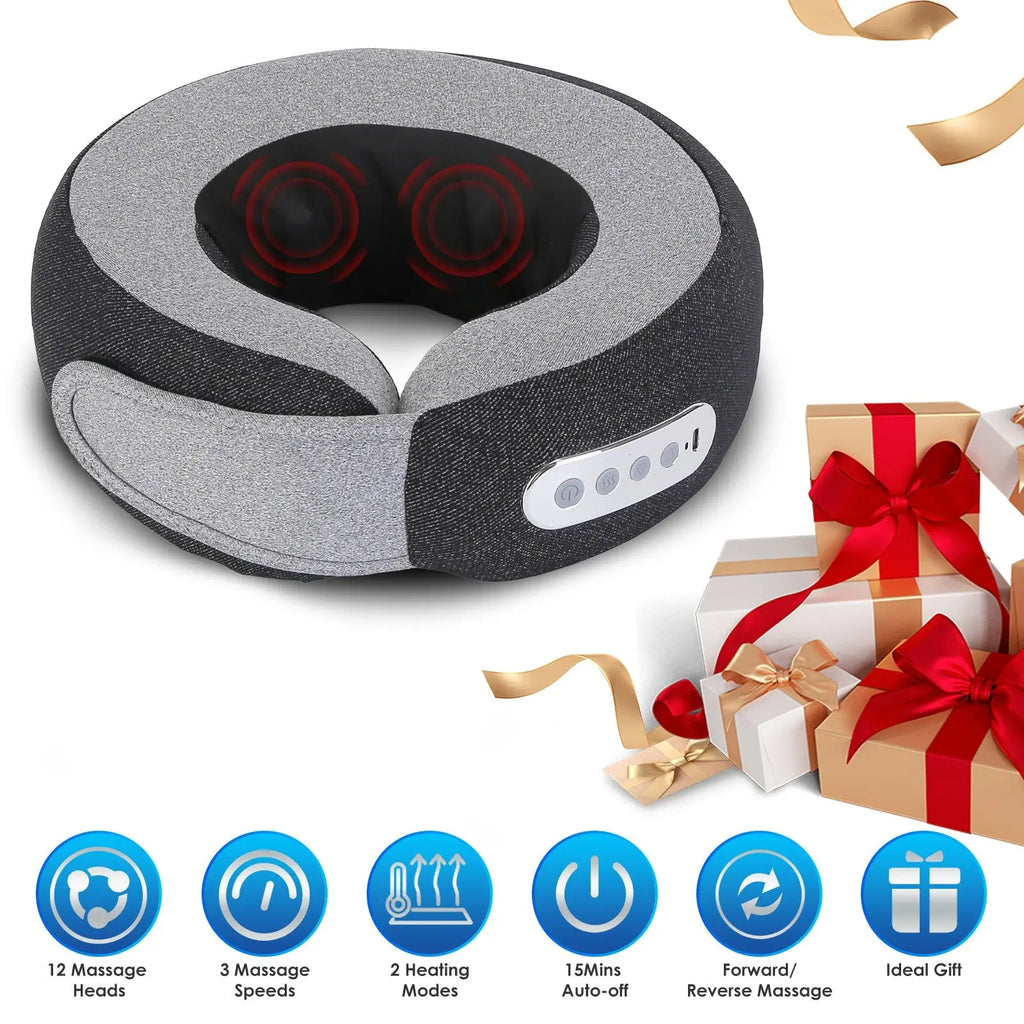 Shiatsu neck massager pillow with heat and memory foam in gray and black fabric with red glowing massage heads