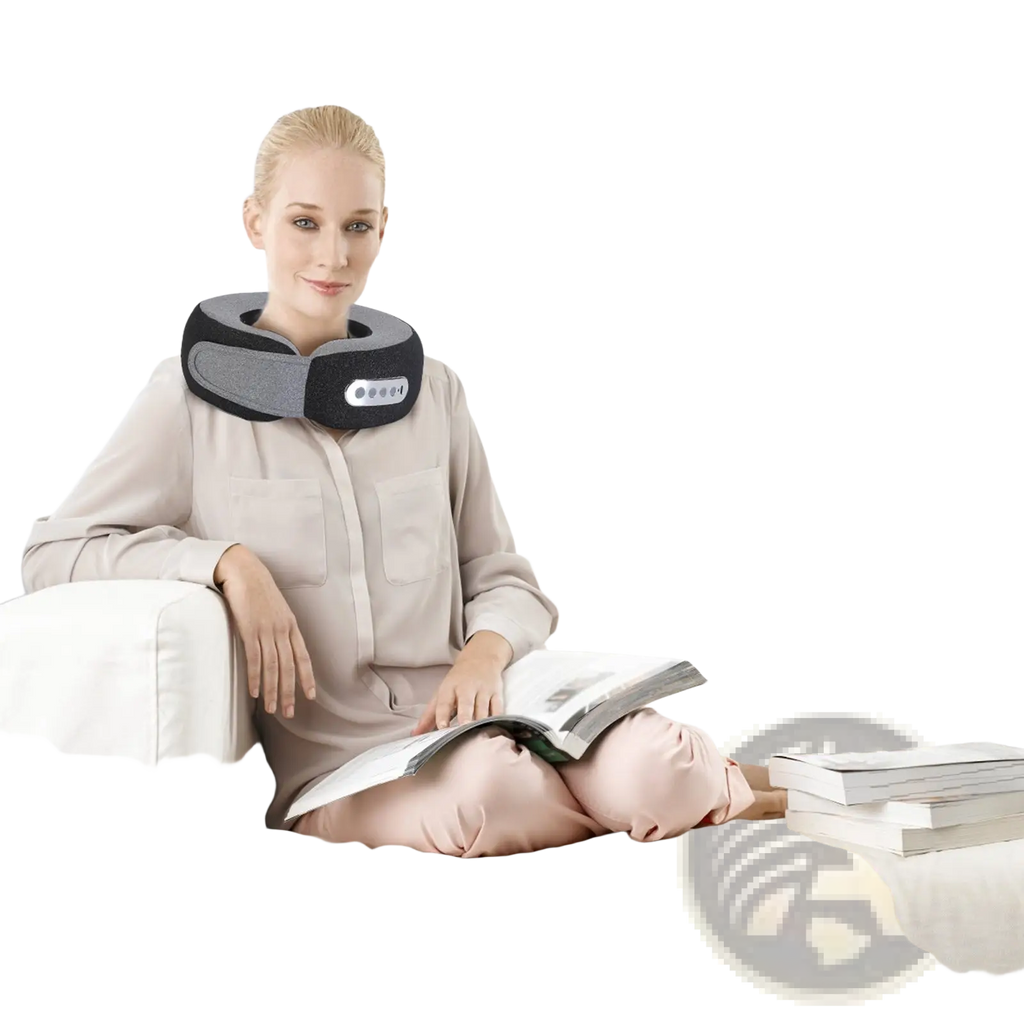 Black and gray shiatsu neck massager pillow with heat memory foam and front control buttons for massage therapy