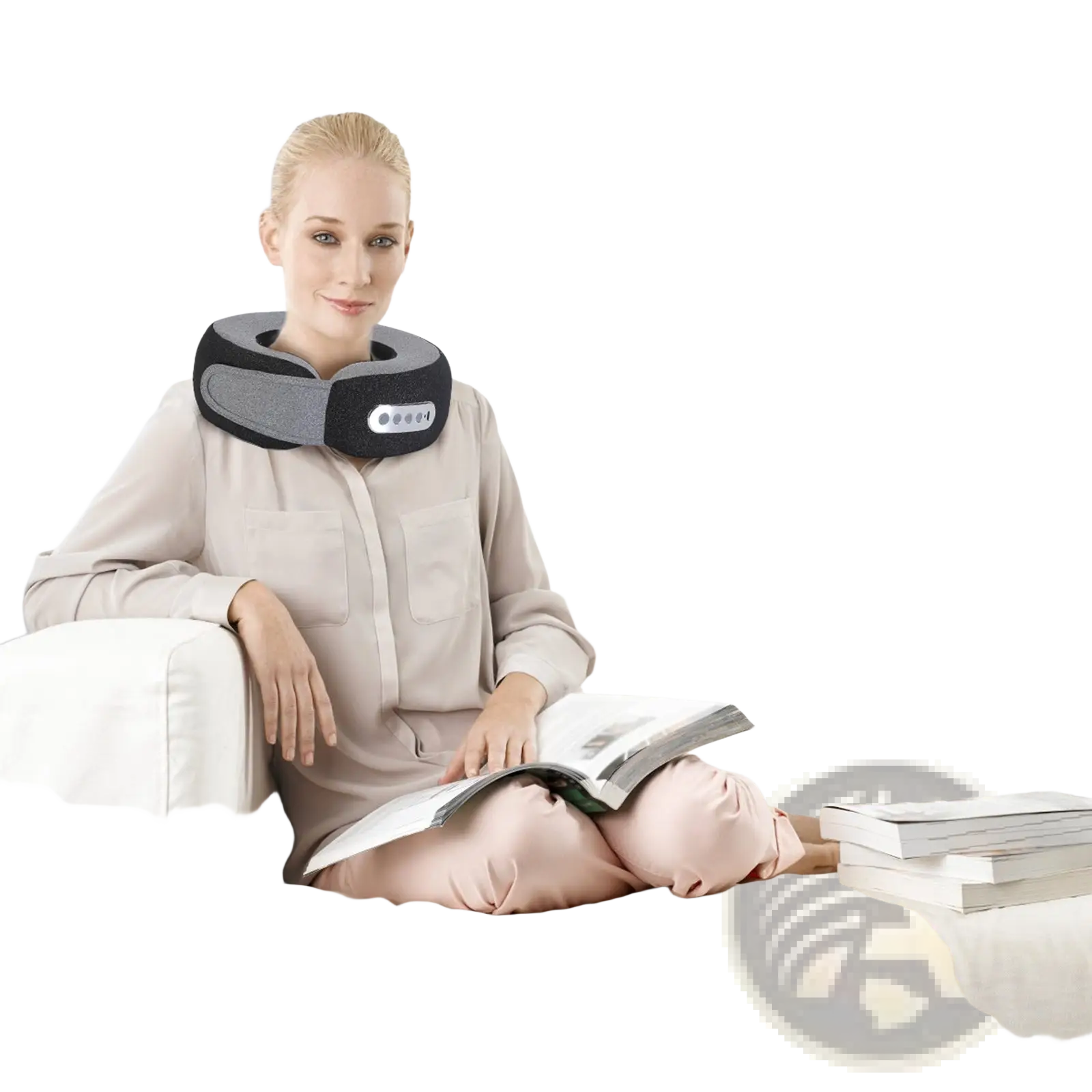 Black and gray shiatsu neck massager pillow with heat memory foam and front control buttons for massage therapy