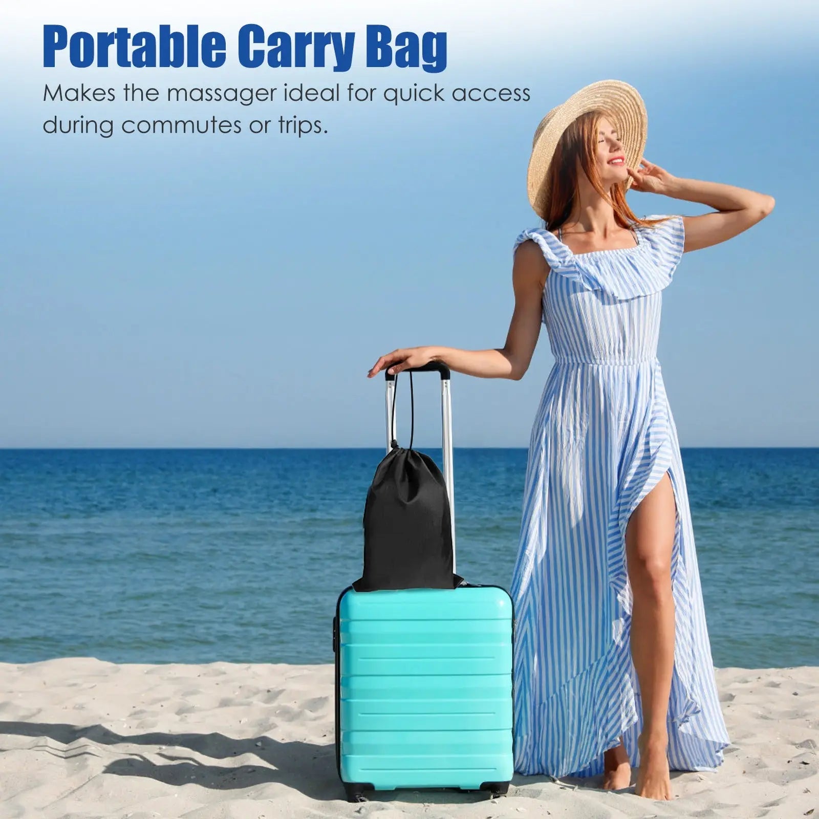 Black drawstring portable carry bag with retractable handle designed to fit on luggage for shiatsu neck massager pillow storage