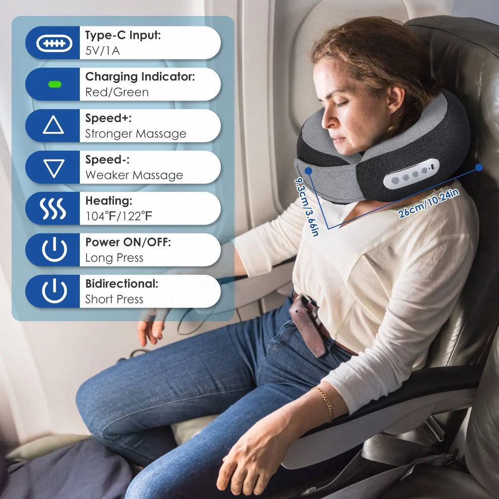 Gray and black inflatable shiatsu neck massager pillow with heat memory foam and control buttons for intensity and power