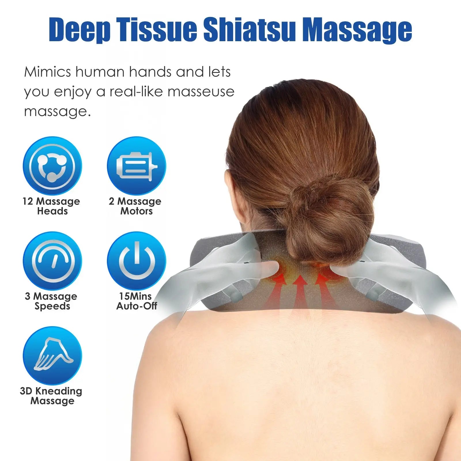 Gray and black shiatsu neck massager pillow with heat memory foam and 12 adjustable deep tissue massage heads
