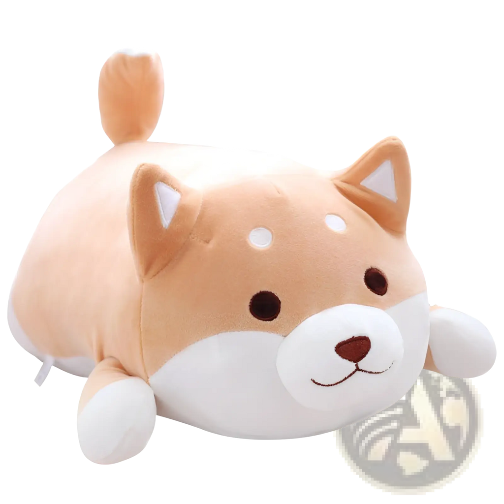 Cute tan and white plush shiba inu pillow with embroidered facial features soft kawaii dog animal pillow