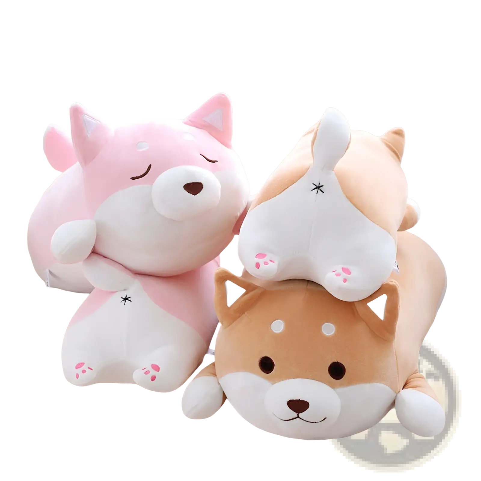 Cute pink and tan shiba inu plush toy pillow with soft cuddly textures and embroidered facial features