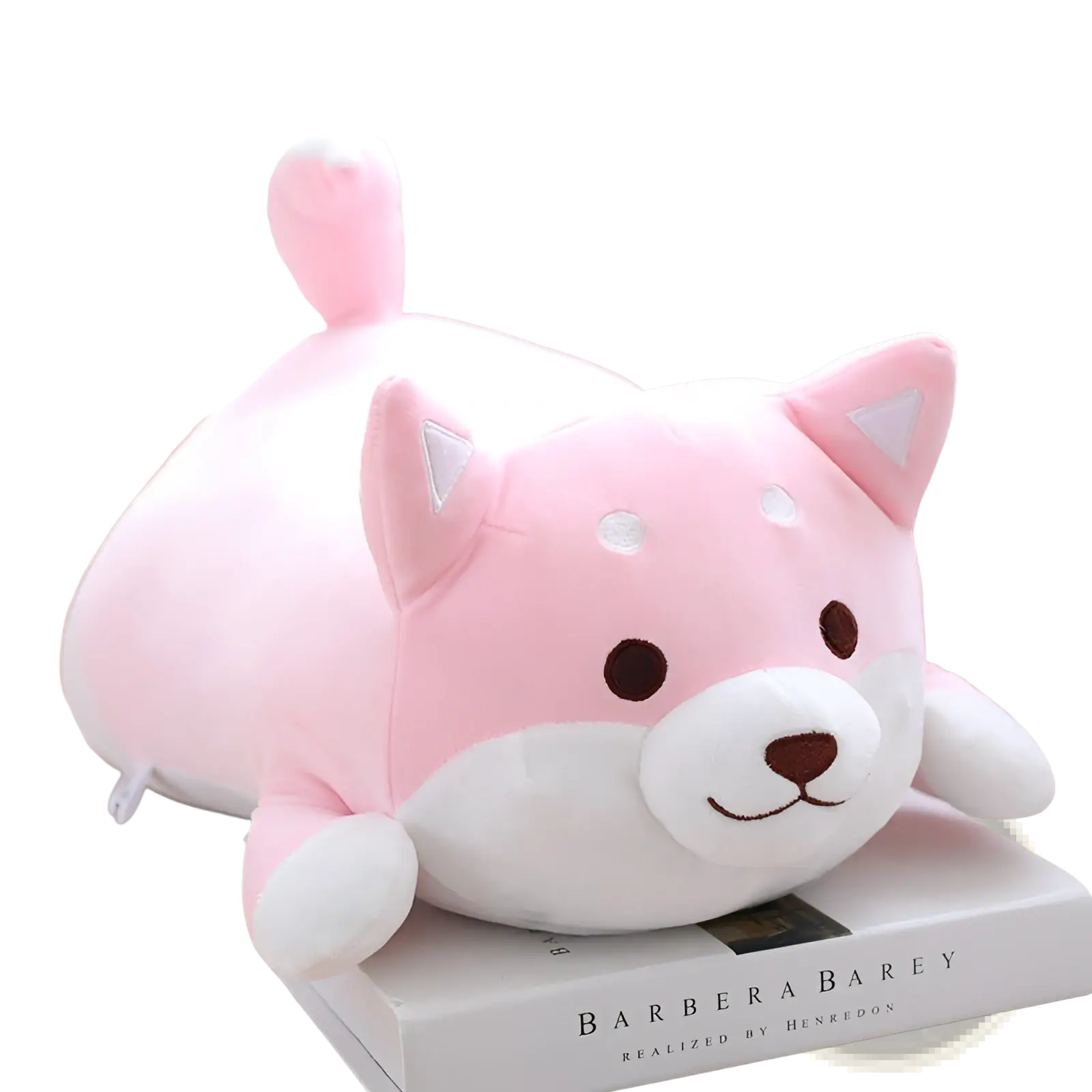 Pink plush shiba inu plush toy with white accents and embroidered facial features soft kawaii dog pillow