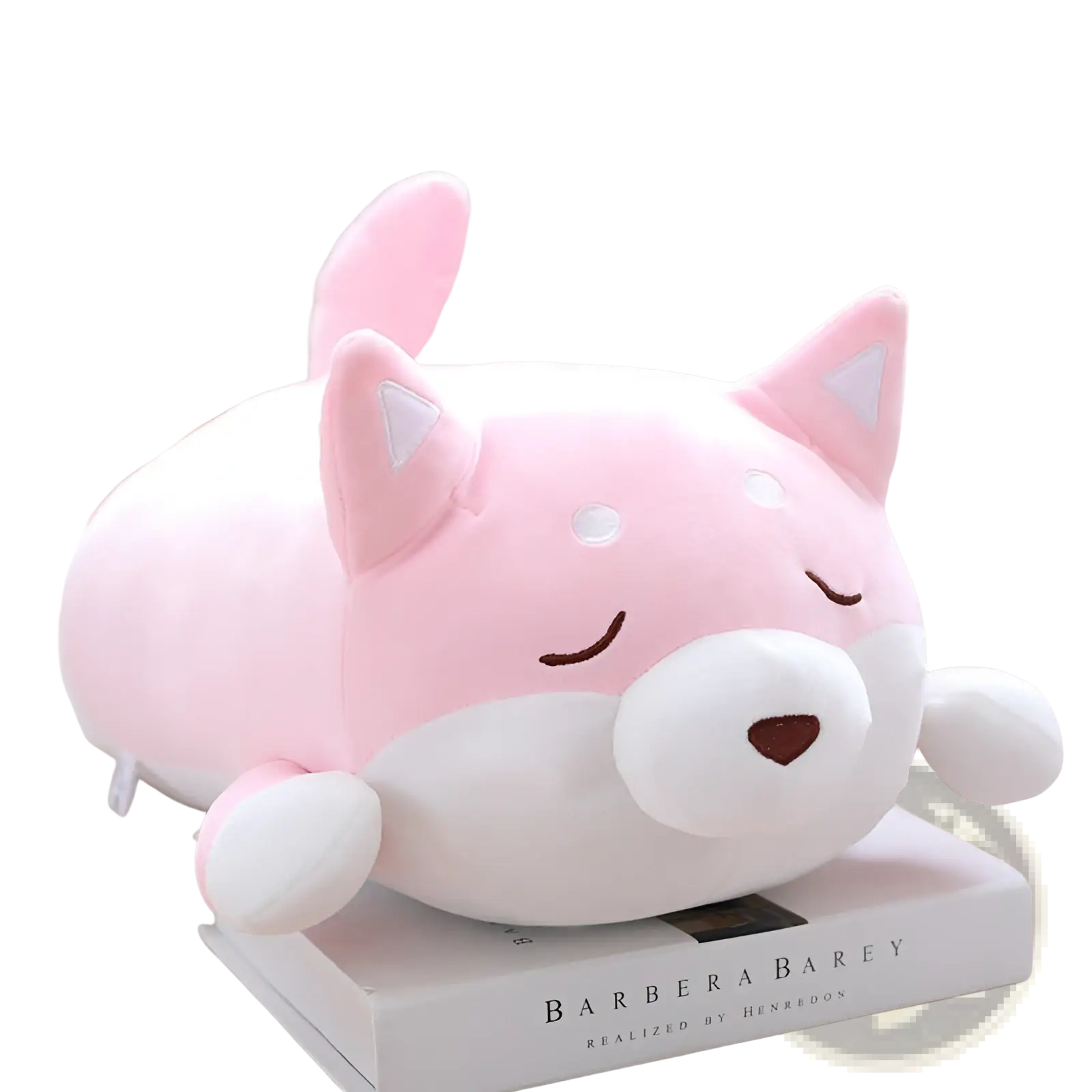 Pink plush shiba inu soft sleeping fox pillow with white accents and embroidered facial features for kawaii decor