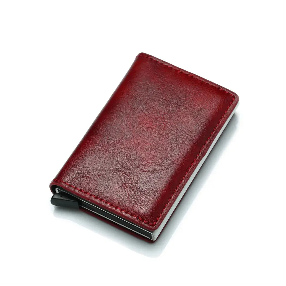 Slim red leather rfid blocking aluminum alloy card case wallet with sleek minimalist design and visible edge stitching