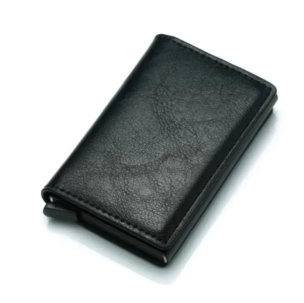 Black leather slim rfid blocking aluminum alloy card case wallet with textured surface and precise edge stitching
