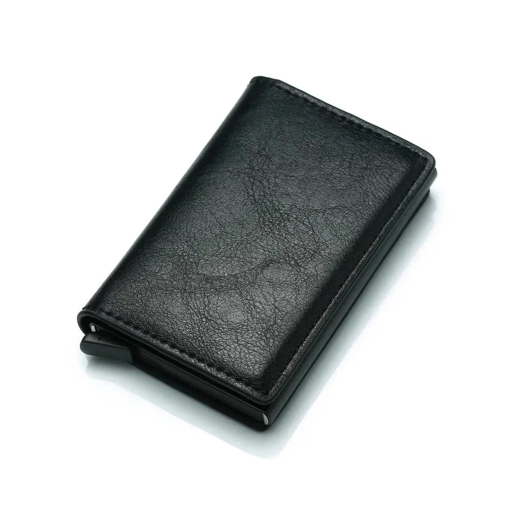 Black leather slim rfid blocking aluminum alloy card case wallet with sleek textured surface and precise edge stitching