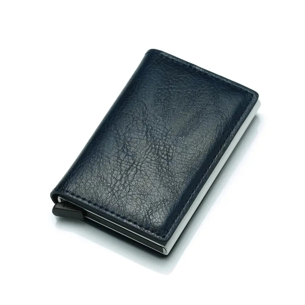 Dark blue textured leather slim rfid blocking aluminum alloy card case wallet with silver metal frame and magnetic closure