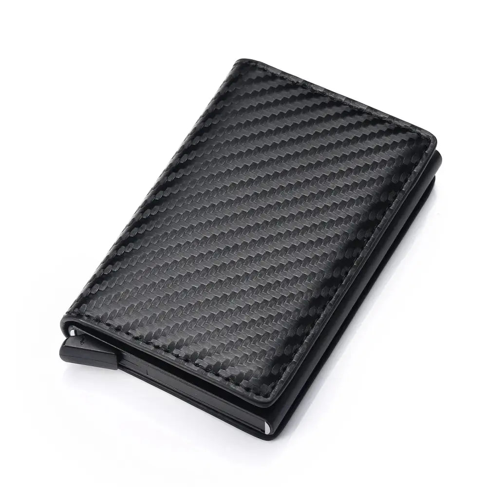 Slim RFID blocking aluminum alloy card case wallet in black carbon fiber texture with sleek design and metallic clasp