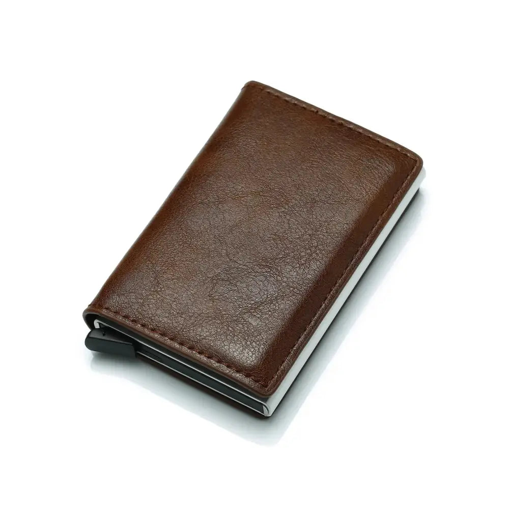 Brown leather-trimmed slim RFID blocking aluminum alloy card case wallet with sleek minimalist metal design