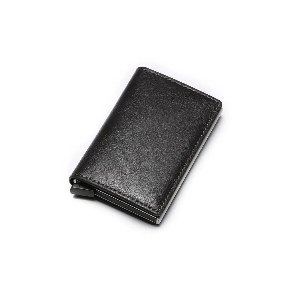 Black leather slim RFID blocking aluminum alloy card case wallet with sleek minimalist design and visible edge stitching