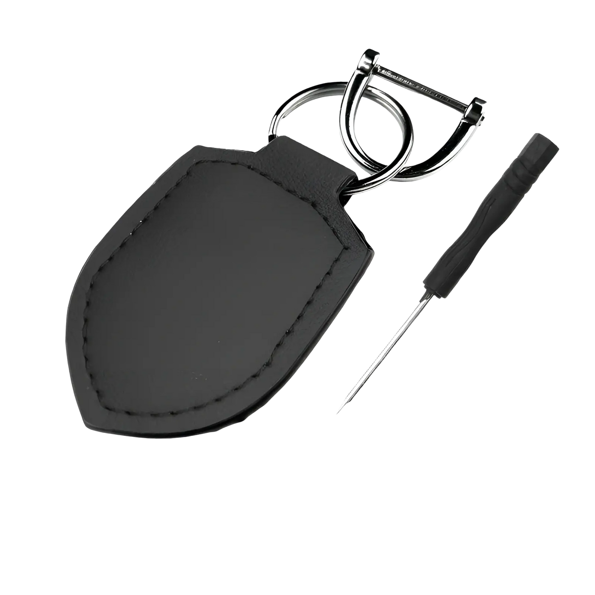 Black leather shield leather car keychain ring organizer with sleek shield-shaped design and silver metal ring