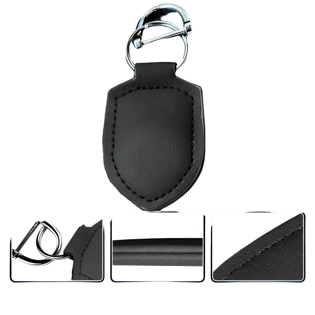 Black leather shield car keychain with a silver metal ring for organized key storage and easy access