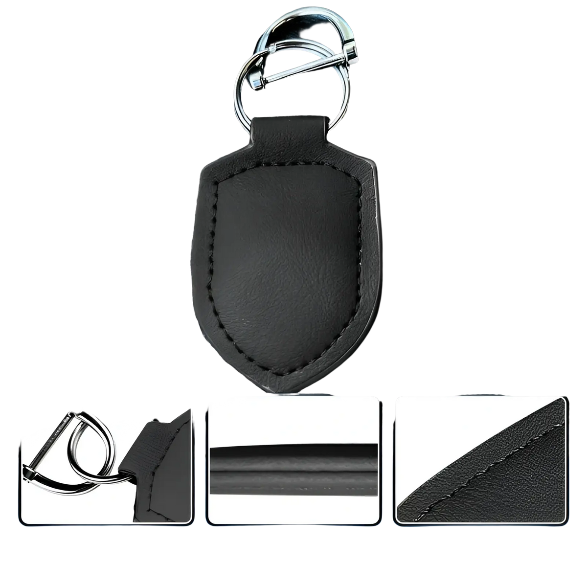 Black leather shield car keychain with a silver metal ring for organized key storage and easy access