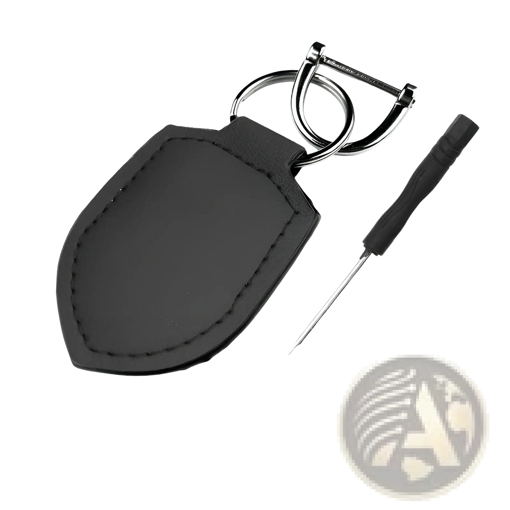 Black leather shield leather car keychain ring organizer with sleek shield-shaped design and silver metal ring