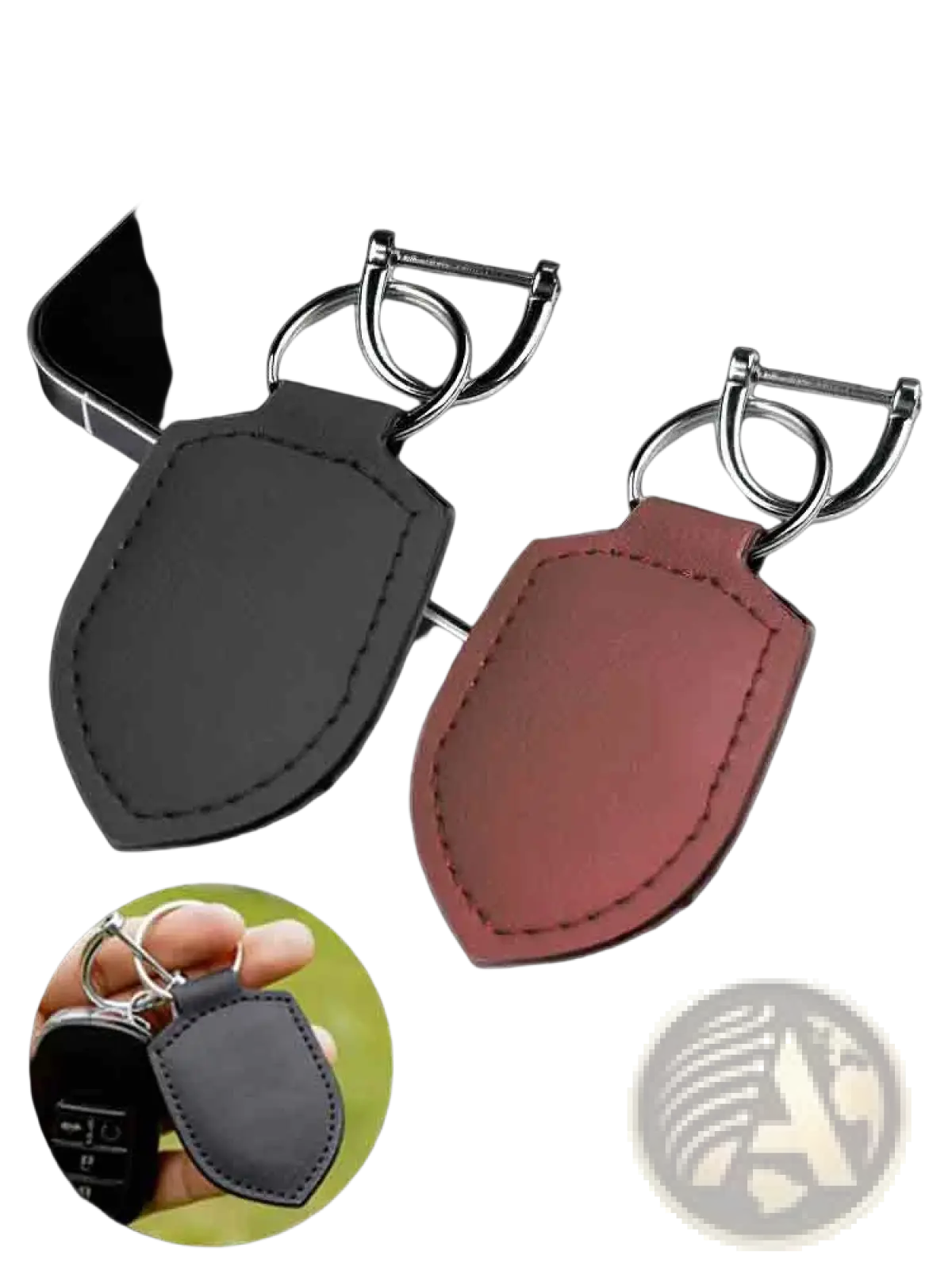 Shield leather car keychain ring organizer in black and reddish brown with silver metal rings for secure key holding