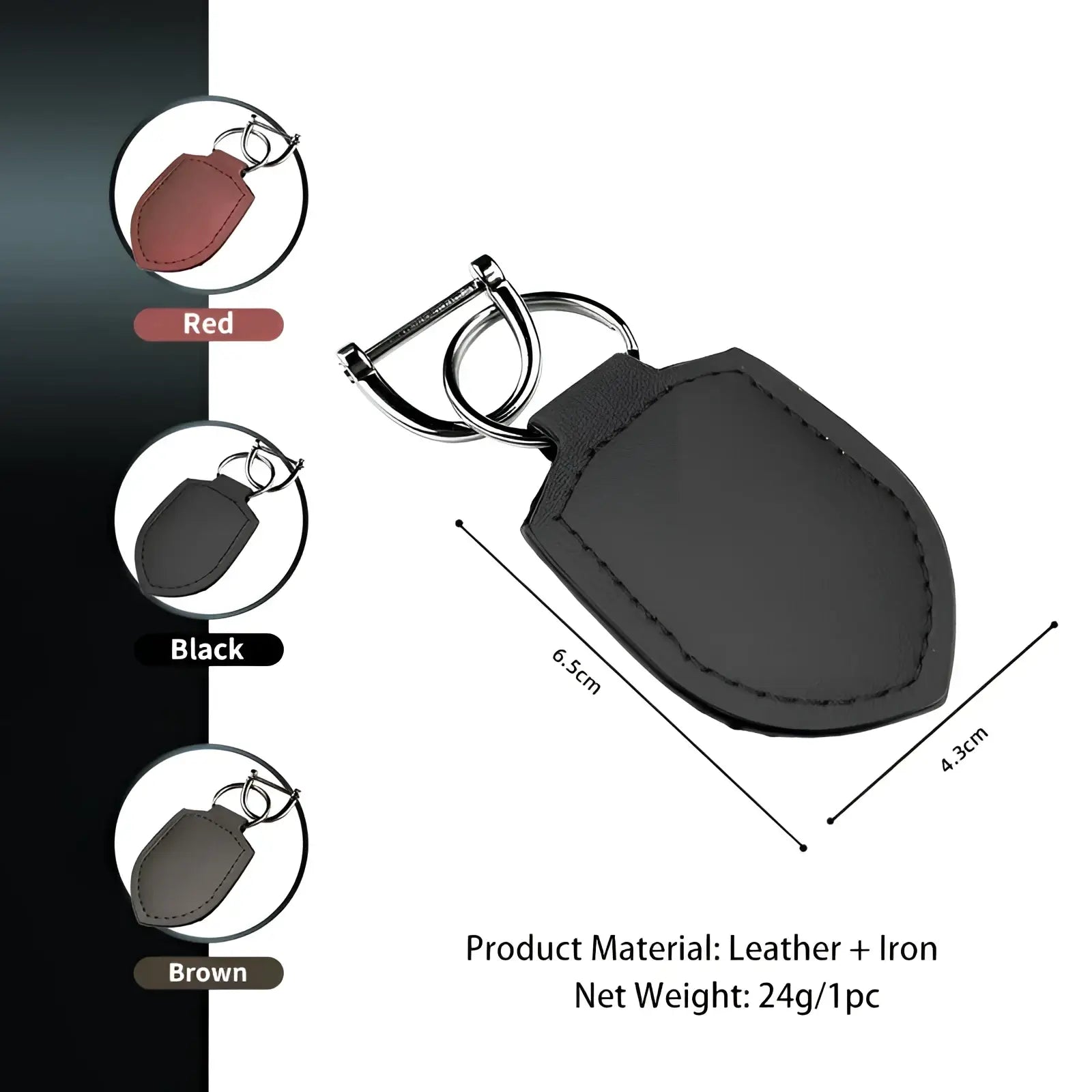 Black leather shield leather car keychain ring organizer with silver iron ring and stitched edges for key holding
