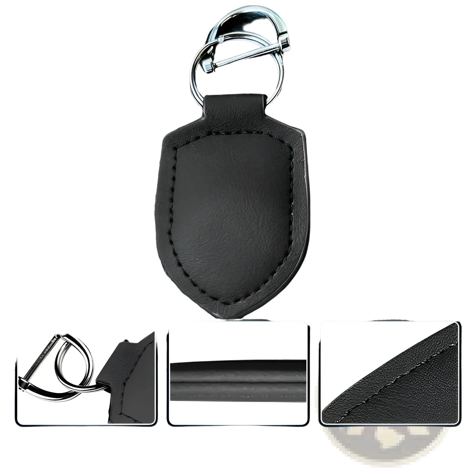 Black leather shield car keychain with a silver metal ring for organized key storage and easy access