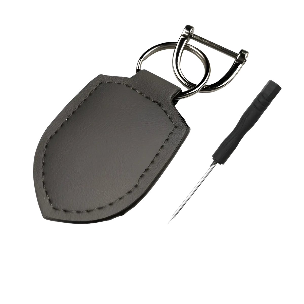 Brown leather car keychain with shield-shaped design and stitched edges for organized key storage