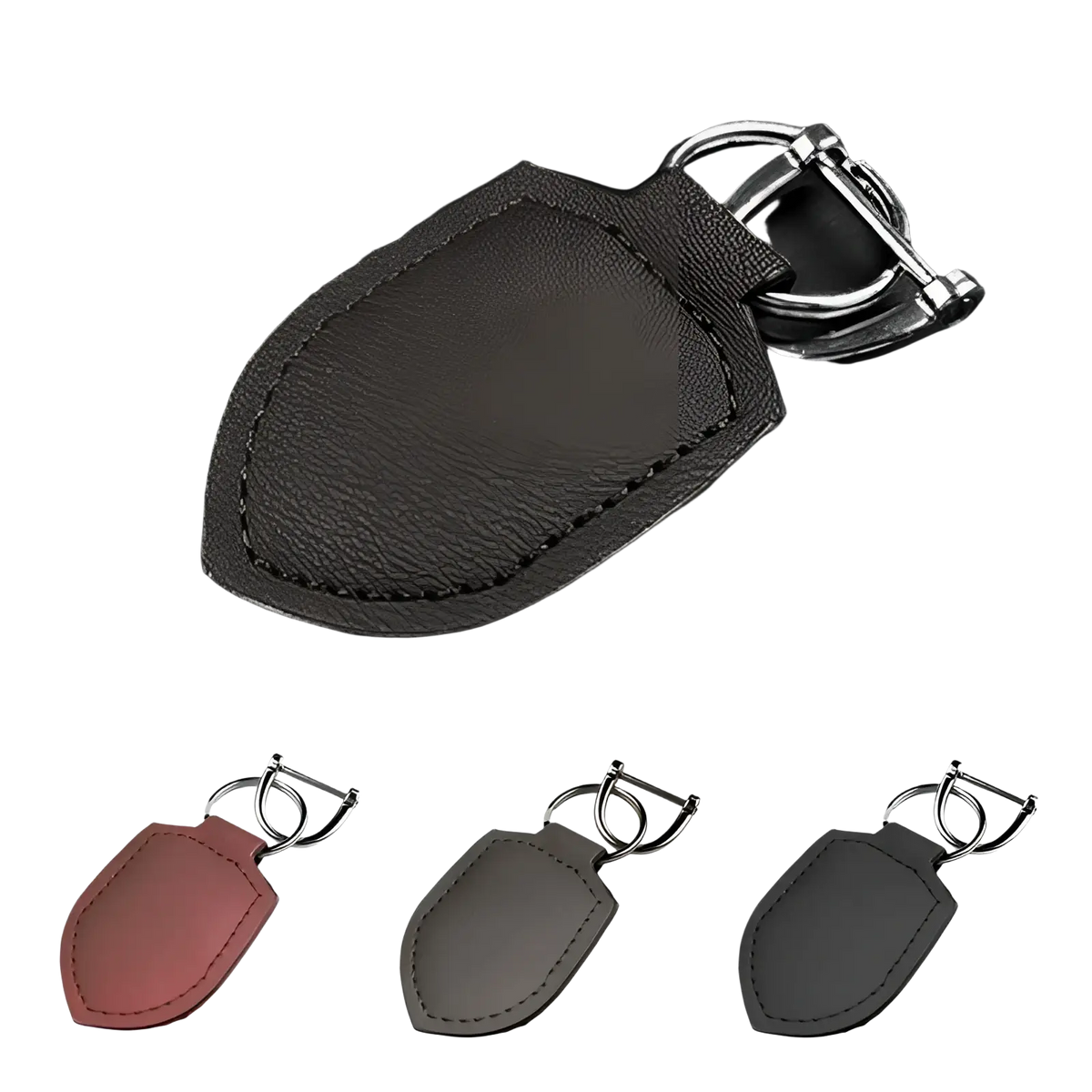 Dark brown leather shield-shaped car keychain ring organizer with silver metal ring and clasp