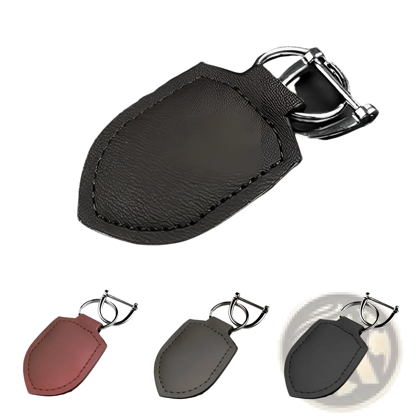 Dark brown leather shield-shaped car keychain ring organizer with silver metal ring and clasp
