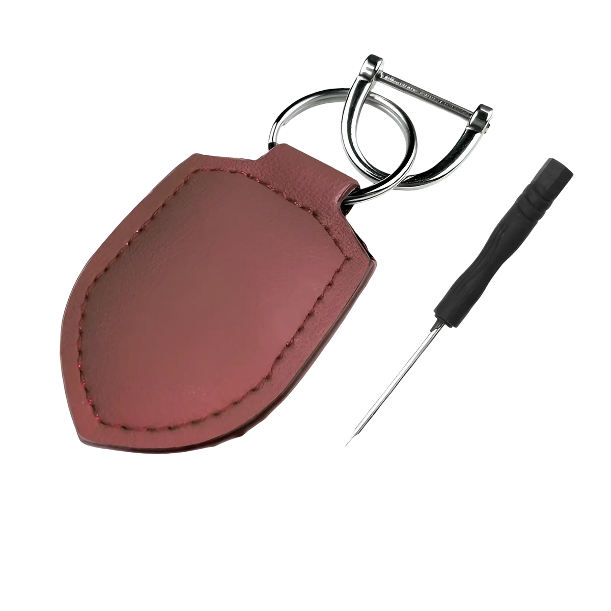 Red shield-shaped leather car keychain with silver metal ring and buckle for organized key storage