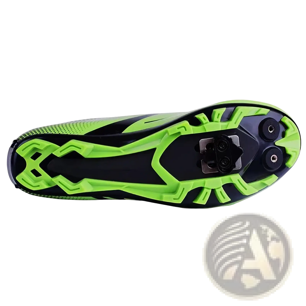 Neon green and black shimano spd cleats sh51 sh56 mtb pedal set sole with cleat attachment system visible from back side