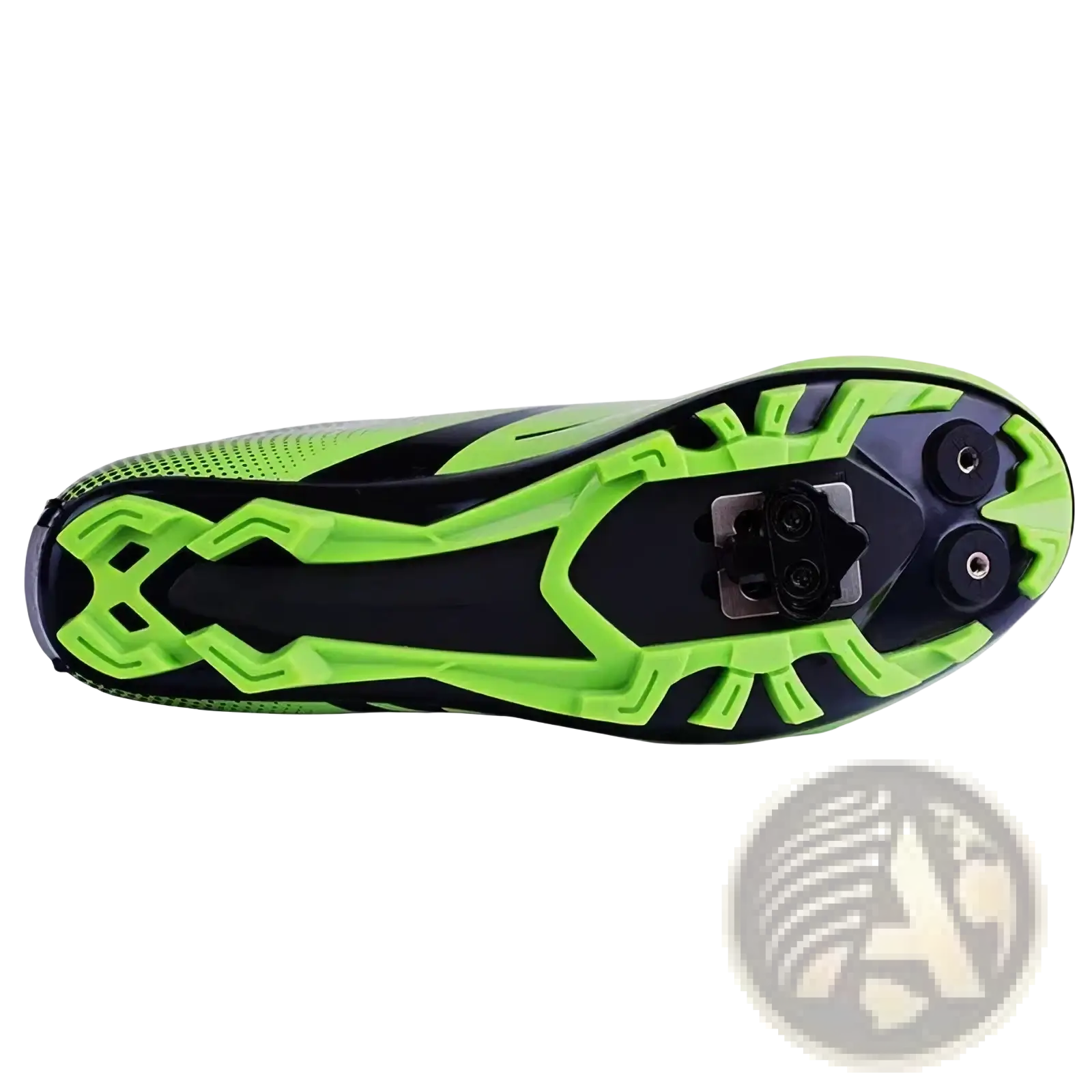 Neon green and black shimano spd cleats sh51 sh56 mtb pedal set sole with cleat attachment system visible from back side