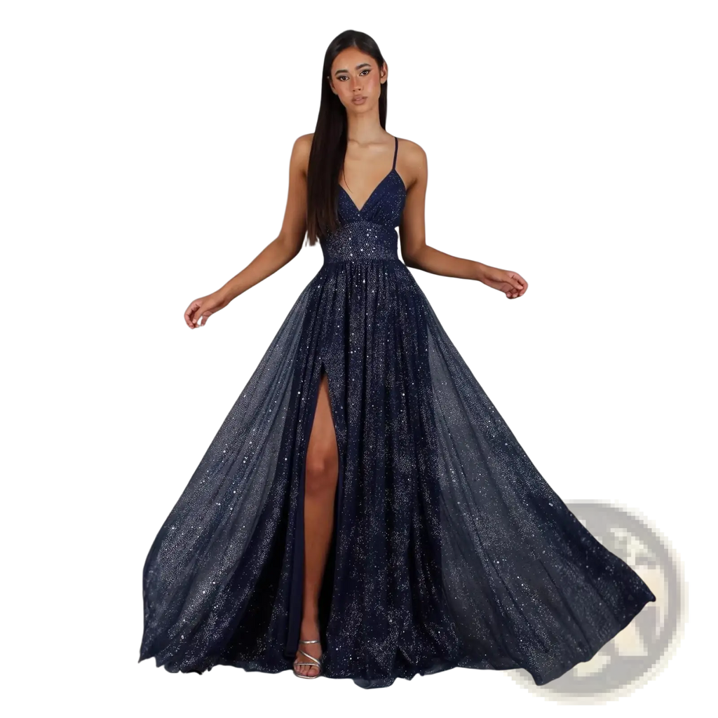 A navy blue sequined shimmering v neck high slit maxi evening gown with delicate spaghetti straps