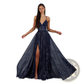 A navy blue sequined shimmering v neck high slit maxi evening gown with delicate spaghetti straps